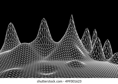 black color grid squares in perspective. abstract background for design technology, programming, information related to Information Technology , media, game. dark mountains terrain