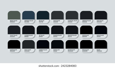 Black Color Guide Palette with Color Names. Catalog Samples are Black with RGB HEX codes and Names. Metal Colors Palette Vector, Wood and Plastic Dark Color Palette, Fashion Trend Black Color Palette