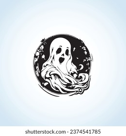 Black color Halloween ghost boo with decoration, vector art drawing illustration