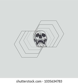 Black color hand draw of skull on gray background