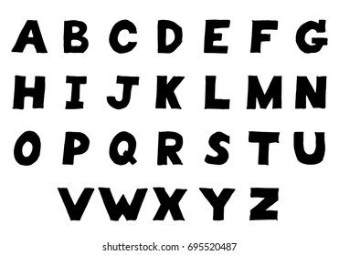 Black color hand drawing of english alphabet on white background