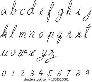Black color hand drawing font of lower case English alphabet and number 0 - 9 on white background