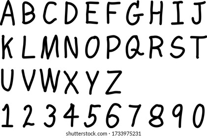 Black color hand drawing font of upper case English alphabet and number 0 - 9 on white background