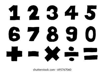 Black color hand drawing of number and mathematics symbol (Plus, minus multiply, divide sign) on white background