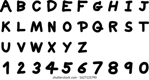 Black color hand drawing of upper case English alphabet and number 0 - 9 on white background