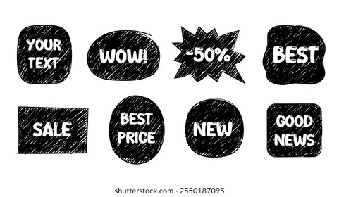 Black color hand drawn ink pen brush stroke text blocks. Set of hand drawing vector banners.