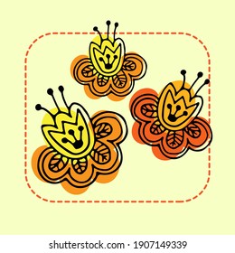 Black color and  hand-drawn Folk flower in trendy vintage style on yellow background