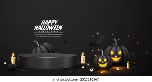 cor preta Feliz Halloween produto banner modelo de design com um pódio de cilindro 3D realista. Projeto de fundo do pódio do produto da promoção com abóboras, morcegos, olhos e cor preta. 