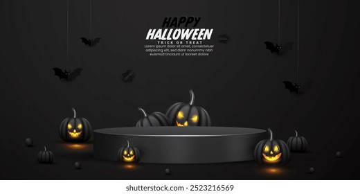 Schwarze Farbe Happy Halloween Produkt Banner Design-Vorlage mit einem realistischen 3D-Zylinder-Podium. Promotion Produkt Podium Hintergrund Design mit Kürbissen, Fledermäuse, Augen, und schwarze Farbe. 