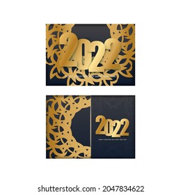 Black Color Happy New Year Flyer Template 2022 with Abstract Gold Ornament