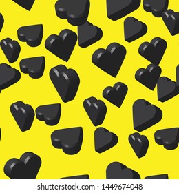 Black Color Hearts Seamless Pattern, 3D Illustration on Yellow Background