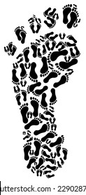 Black Color Human Foot Shape Which Is Made Up Of Many Small Feets. Vector Art Image Illustration, Cartoon Drawing Design, Isolated On White Background, Eps10