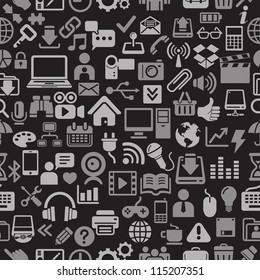 Black color Icons for Web, Applications and Tablet Mobile Seamless pattern. Vector illustration
