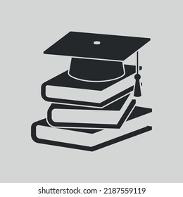 Black color illustration. Graduation cap, stack of books on a gray background. Vector graphics. Design element for icon, badge, label, sticker, poster, banner. Symbols of the educational institution.