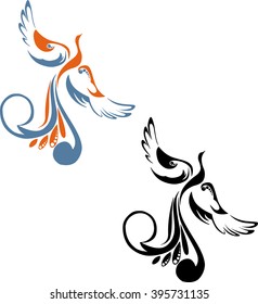 black and color image of the phoenix , fire bird on a white background