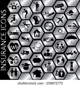 black color insurance icons on silver color hexagon