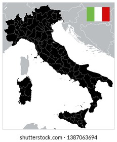 Black Color Italy Map - No text - Image contains layers with administrative divisions map, land names, city names - Highly Detailed Vector Illustration of Italy Map.