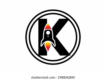 Black color of K initial letter with rocket design