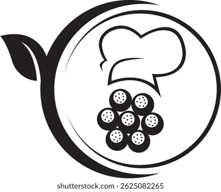 Black Color Leaf Spoon and Fork on Plate Logo Design