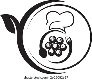 Cuchara y tenedor de hoja de color negro en diseño de logotipo de placa