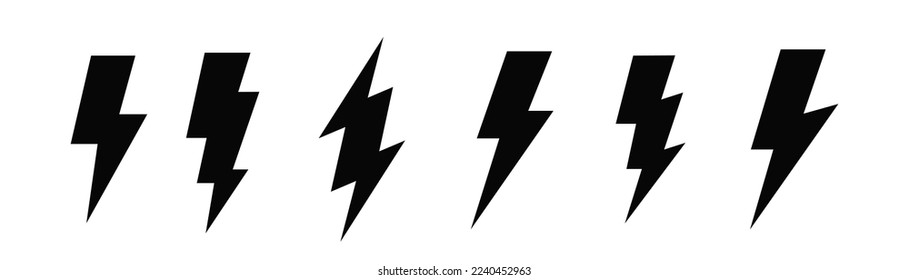 Black color lightning bolt collection set. Thunderbolt flat design style isolated on white background. Vector, 2023