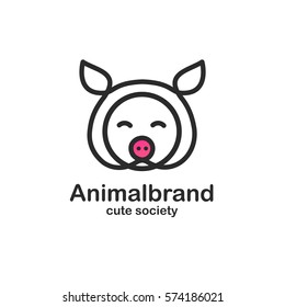 Black color logo design template with animal head. Cute pig snout for sign farm pet shop. Symbol in a linear style with the silhouette of the piggy.  Vector.