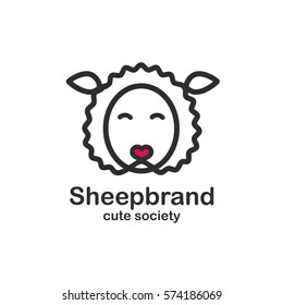 Black color logo design template with animal head. Cute sheep snout for sign pet shop. Symbol in a linear style with the silhouette of the lamb. Heart nose. Vector.