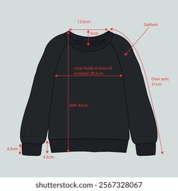 Black color long sleeve sweater with measurements details vector illustration
