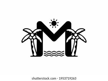 Black color of M initial letter with coconut tree and sun design