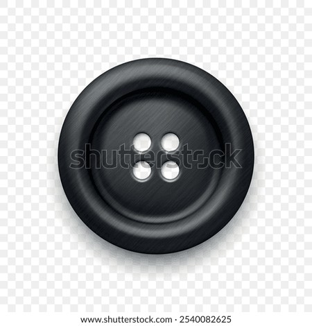 Black Color Metal Clothes Button with Four Holes, Isolated. Round Button Closeup, Front View. Design Template for Sewing, Fashion, Clothing Concept. Detailed Button Illustration for Craft Projects