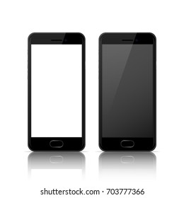 Black color mobile smart phone with blank and dark screen, realistic vector design in high quality.