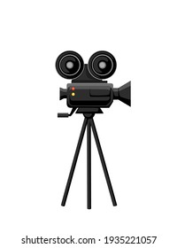Black color movie camera on tripod with film reel vector illustration isolated on white background