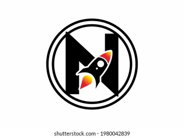Black color of N initial letter with rocket design