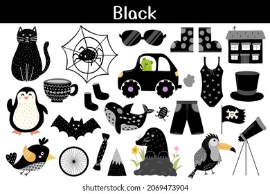 Black color objects set. Learning colors for kids. Cute elements collection. Educational background. Vector illustration