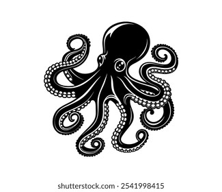 Black Color   Octopus Silhouette Vector Illustration, Solid White Background.