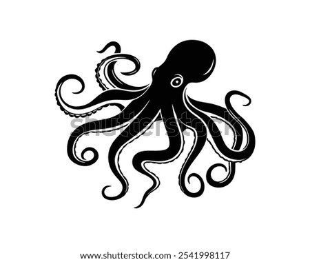 Black Color   Octopus Silhouette Vector Illustration, Solid White Background.