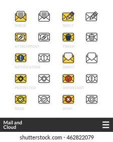Black and color outline icons, slim line pictograms - Mail and cloud symbol collection
