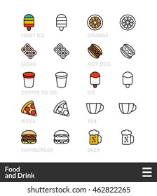 Black and color outline icons, slim line pictograms - Food and drink symbol collection