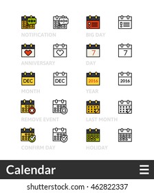 Black and color outline icons, slim line pictograms- Calendar symbol collection