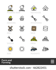 Black and color outline icons, slim line pictograms - Farm and farming symbol collection