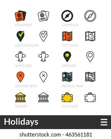 Black and color outline icons, slim line pictograms vector set 51 - Holidays symbol collection