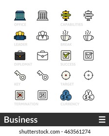 Black and color outline icons, slim line pictograms vector set 41 - Business symbol collection