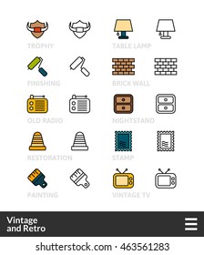 Black and color outline icons, slim line pictograms vector set 50 - Vintage and retro symbol collection