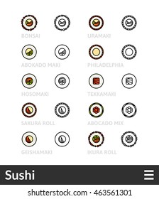 Black and color outline icons, slim line pictograms vector set 25 - Sushi symbol collection