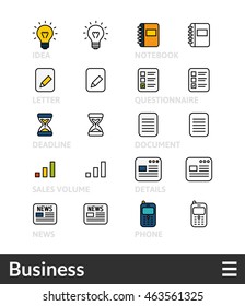 Black and color outline icons, slim line pictograms vector set 10 - Business symbol collection