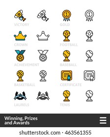 Black and color outline icons, slim line pictograms vector set 58 - Winning, Prizes and awards symbol collection