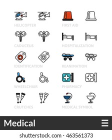 Black and color outline icons, slim line pictograms vector set 20 - Medical symbol collection