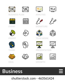 Black and color outline icons, slim line pictograms vector set 42 - Business symbol collection