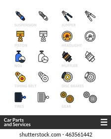 Black and color outline icons, slim line pictograms vector set 36 - Car parts and services symbol collection