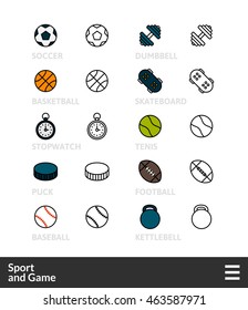 Black and color outline icons, slim line pictograms vector set 46 - Sport and game symbol collection